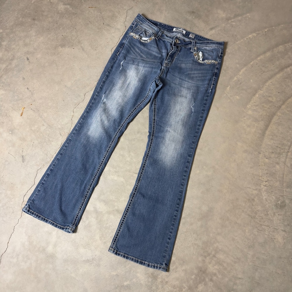 Y2K Charme Bootcut Jeans Womens 34‎ Blue Embroidered Sequin Western Baggy Boho